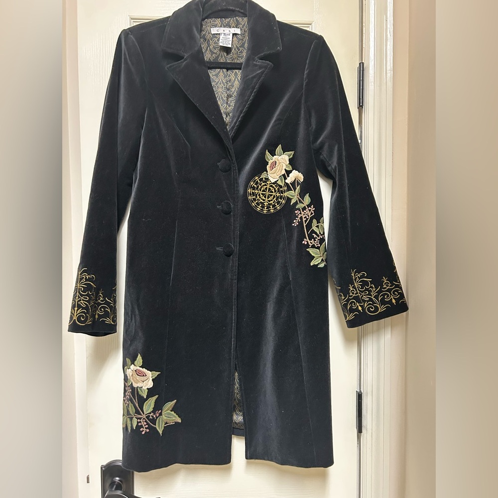 CAbi Black Velvet Embroidered Coat